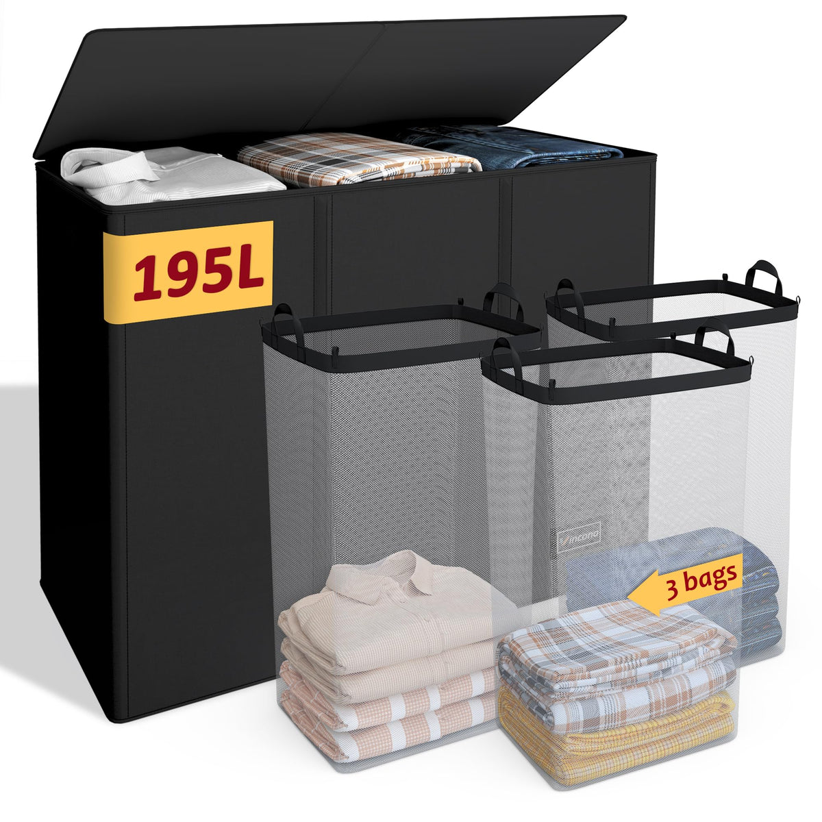 195L Large Laundry Hamper with Lid for Clothes Storage