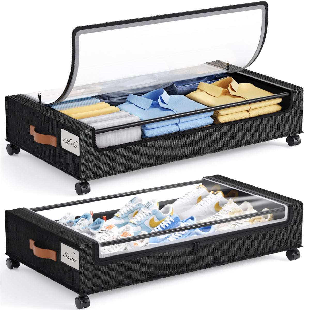 Yecaye Under Bed Storage with Wheels, Large Capacity Under Bed Storage Containers with Metal Frame & Clear Lid, Rolling Underbed Organizer Bins Drawers for Clothes, Shoes, Blankets
