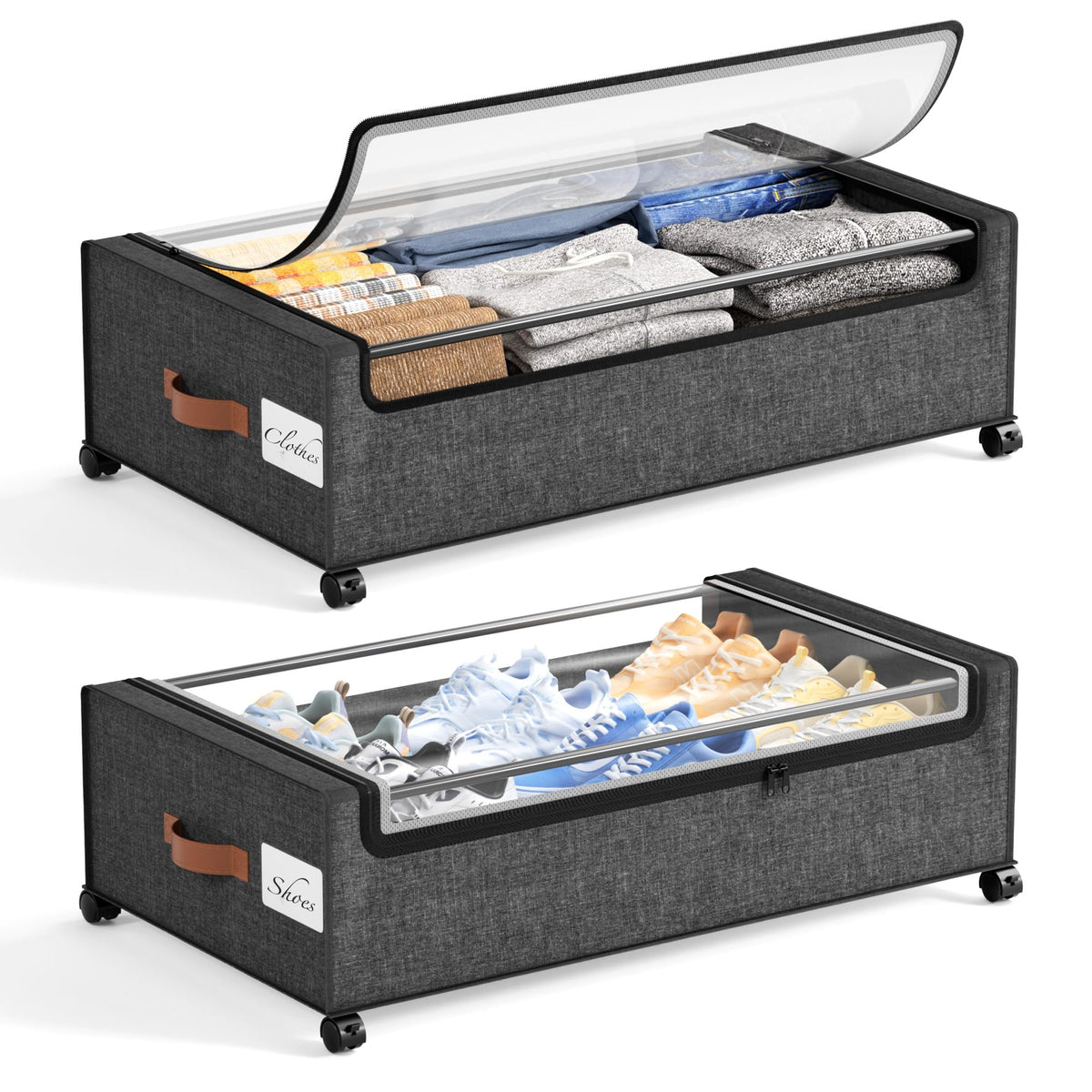 Yecaye Under Bed Storage with Wheels, Large Capacity Under Bed Storage Containers with Metal Frame & Clear Lid, Rolling Underbed Organizer Bins Drawers for Clothes, Shoes, Blankets