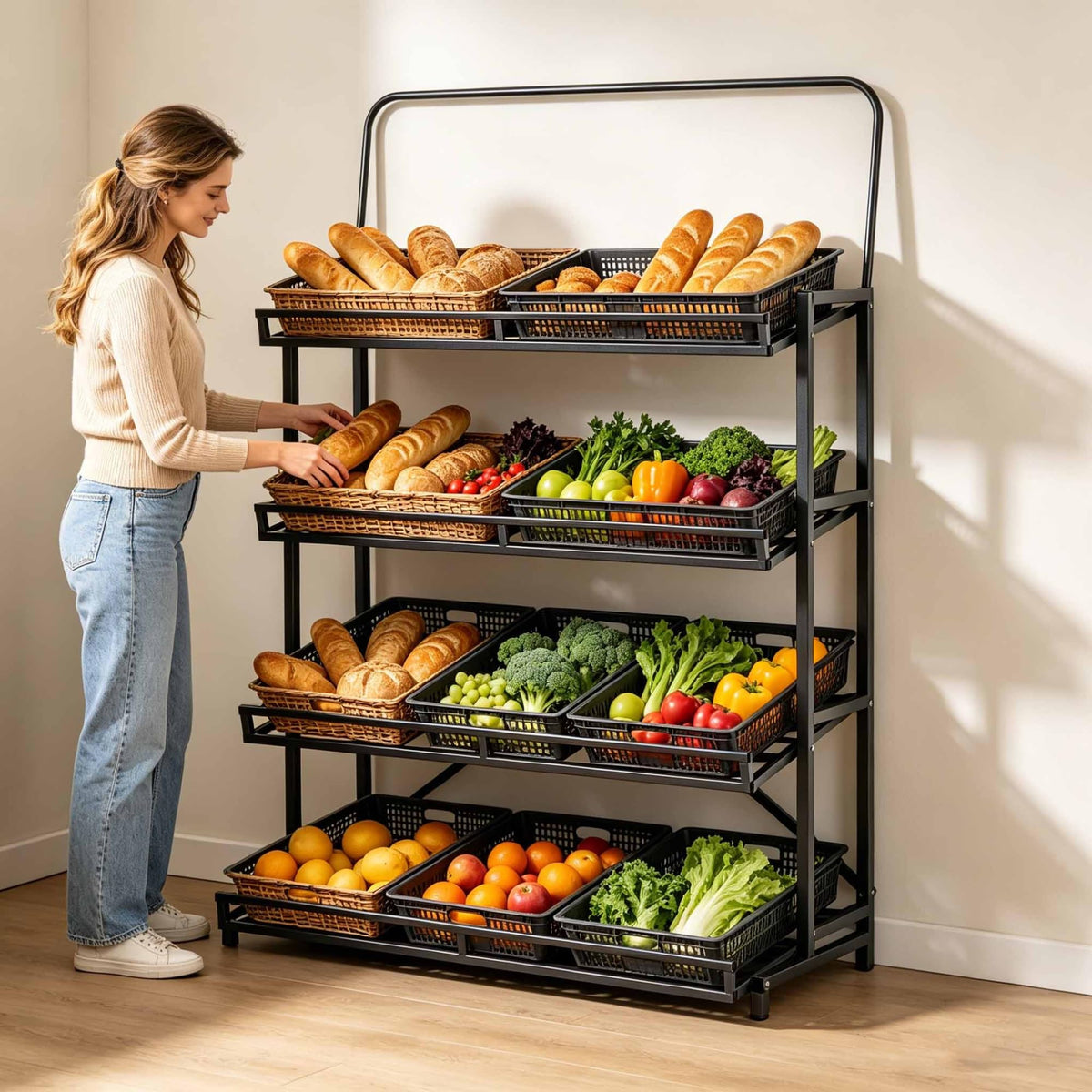 Dalumian Fruits & Vegetables Shelf, 4 Tier Metal Pantry Storage Organizer, Pantry Storage Organizer with 10 Removable Baskets for Snacks/Fruits/Tools (47.24 * 23.62 * 66.93in)