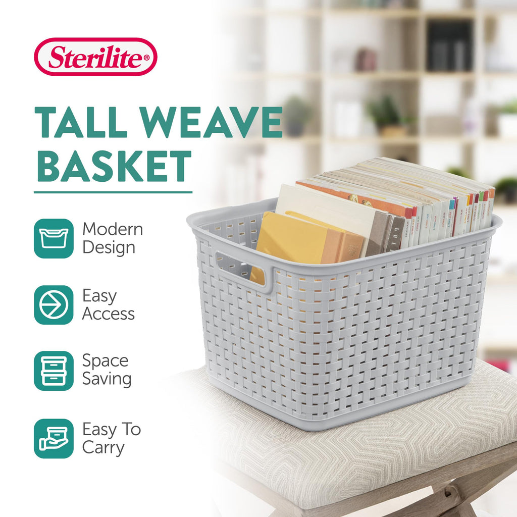 Tall Woven Plastic Storage Basket with Handles - Gray