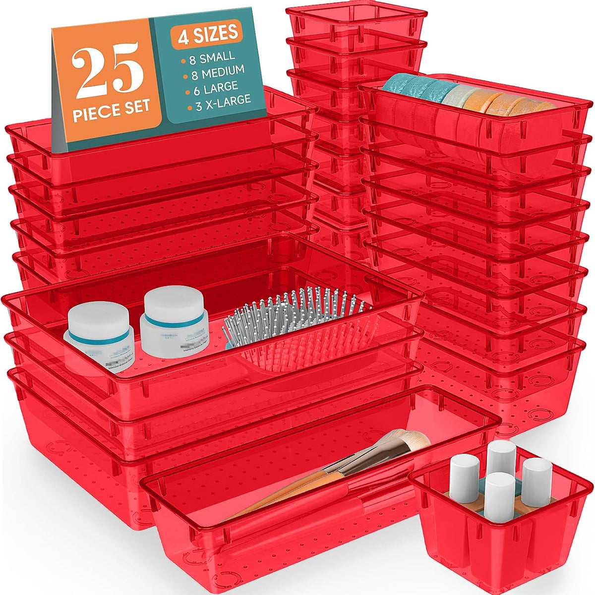 25-Piece Clear Plastic Drawer Organizer Tray Set