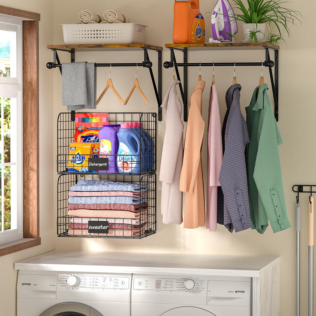 Wall-Mounted Laundry Shelves with Baskets & Drying Rack