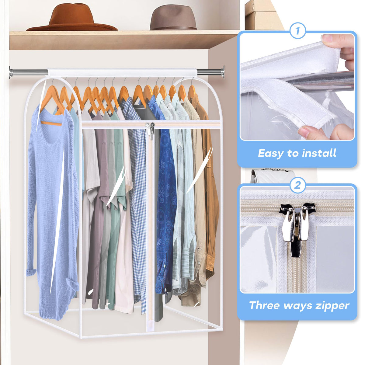 KEETDY Hanging Garment Bags for Closet Storage Large Clear Window Hanging Clothes Storage Garment Rack Cover Coat Protector for Suit, Wardrobe, Bottom Enclosed