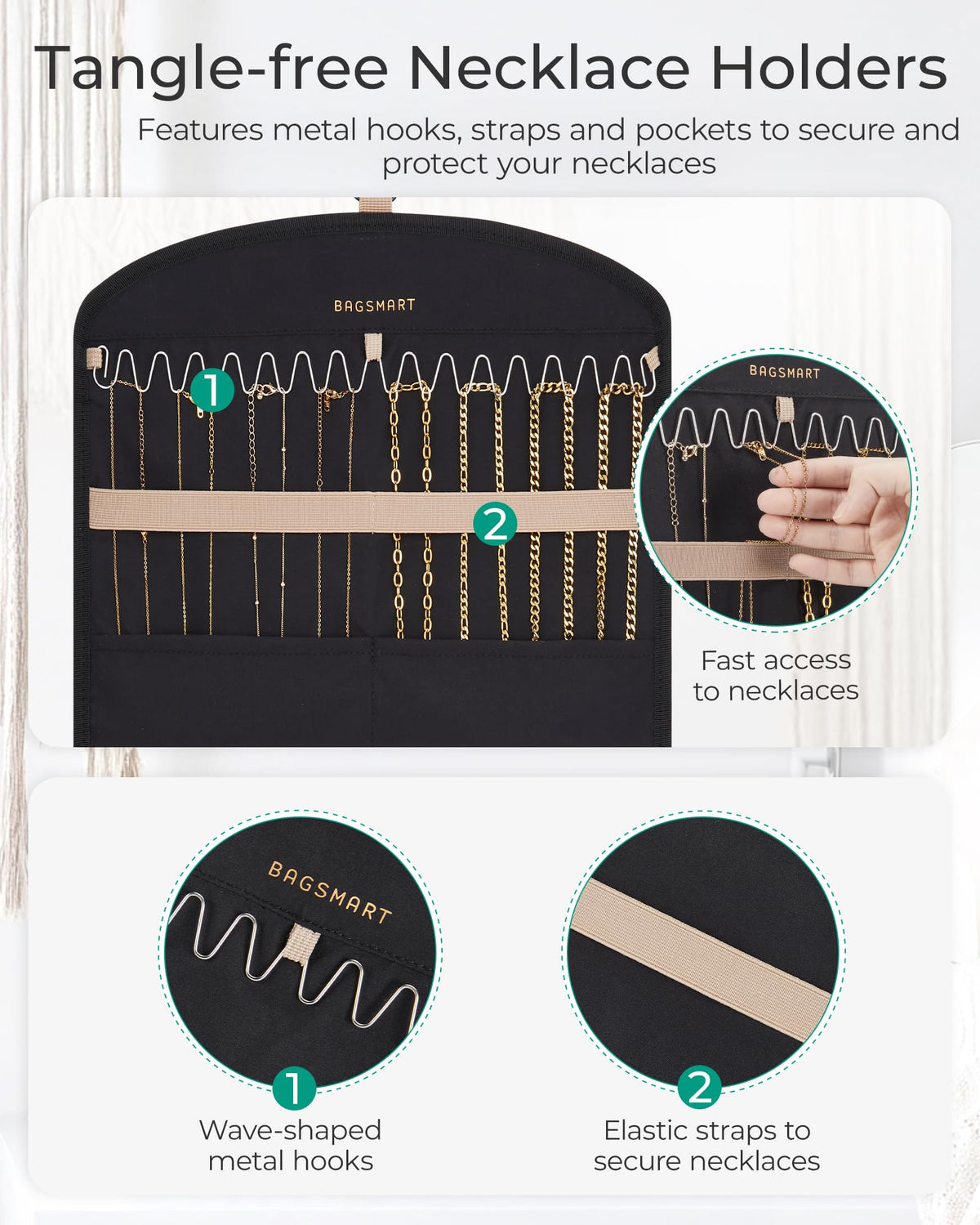 BAGSMART Hanging Jewelry Organizer Claw Clip Necklace Holder Roll for Hair Ties, Headbands, Clips, Earrings, Necklaces, Glasses Double-Sided on Closet, Wall, Door, 1 piece, Large-Teal