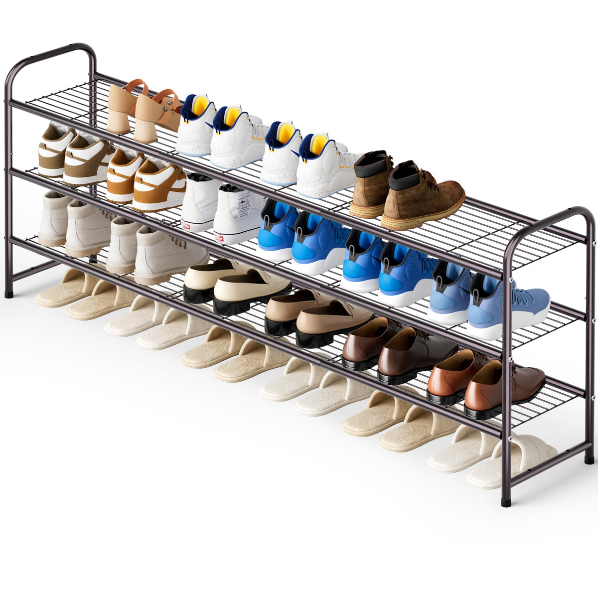 KEETDY 3-Tier Long Shoe Rack for Closet Metal Shoe Organizer for Entryway, Wide Stackable Shoe Storage Shelf with Sturdy Wire Grid for Closet Floor, Bedroom