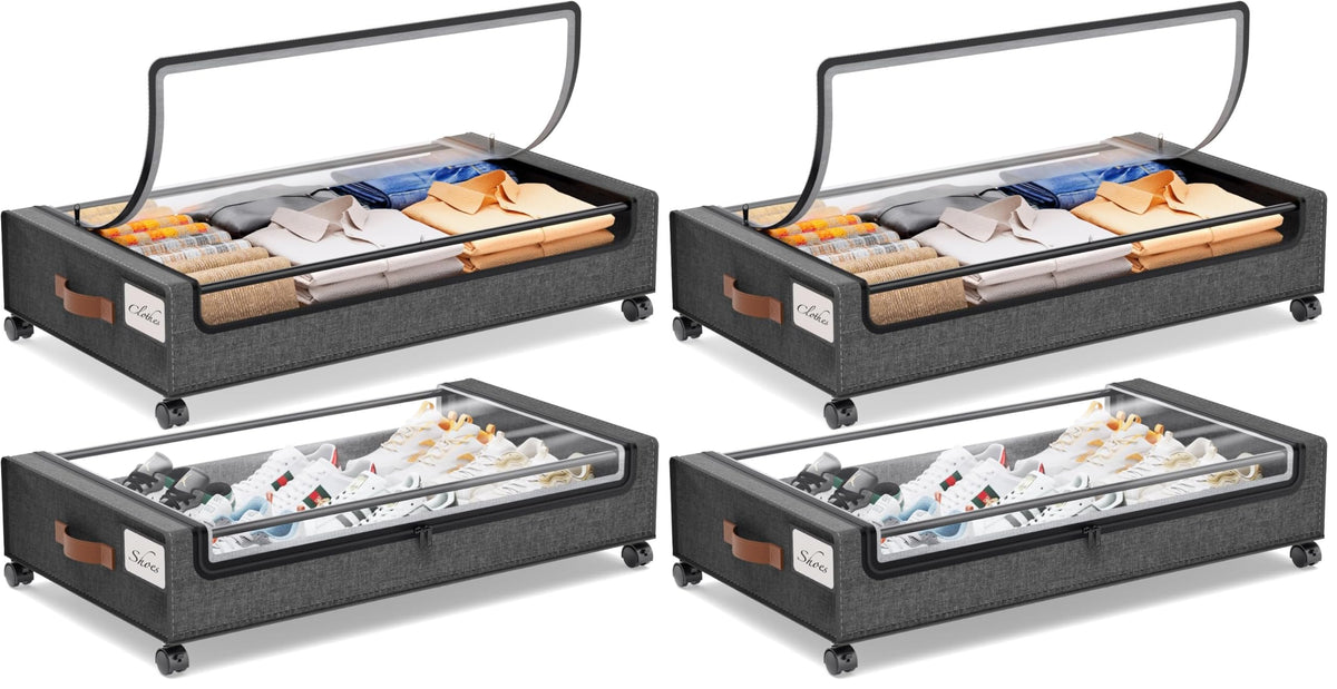 Yecaye Under Bed Storage with Wheels, Large Capacity Under Bed Storage Containers with Metal Frame & Clear Lid, Rolling Underbed Organizer Bins Drawers for Clothes, Shoes, Blankets