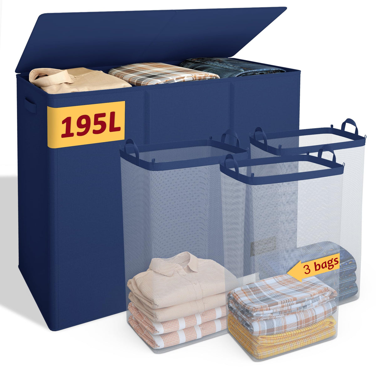 195L Large Laundry Hamper with Lid for Clothes Storage
