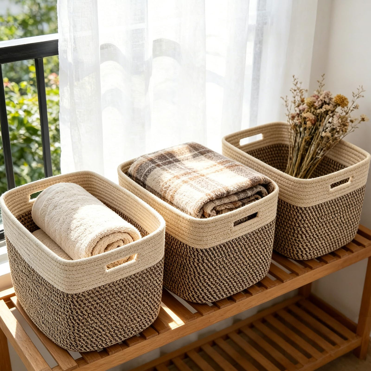 Woven Cotton Rope Storage Baskets with Handles for Shelves