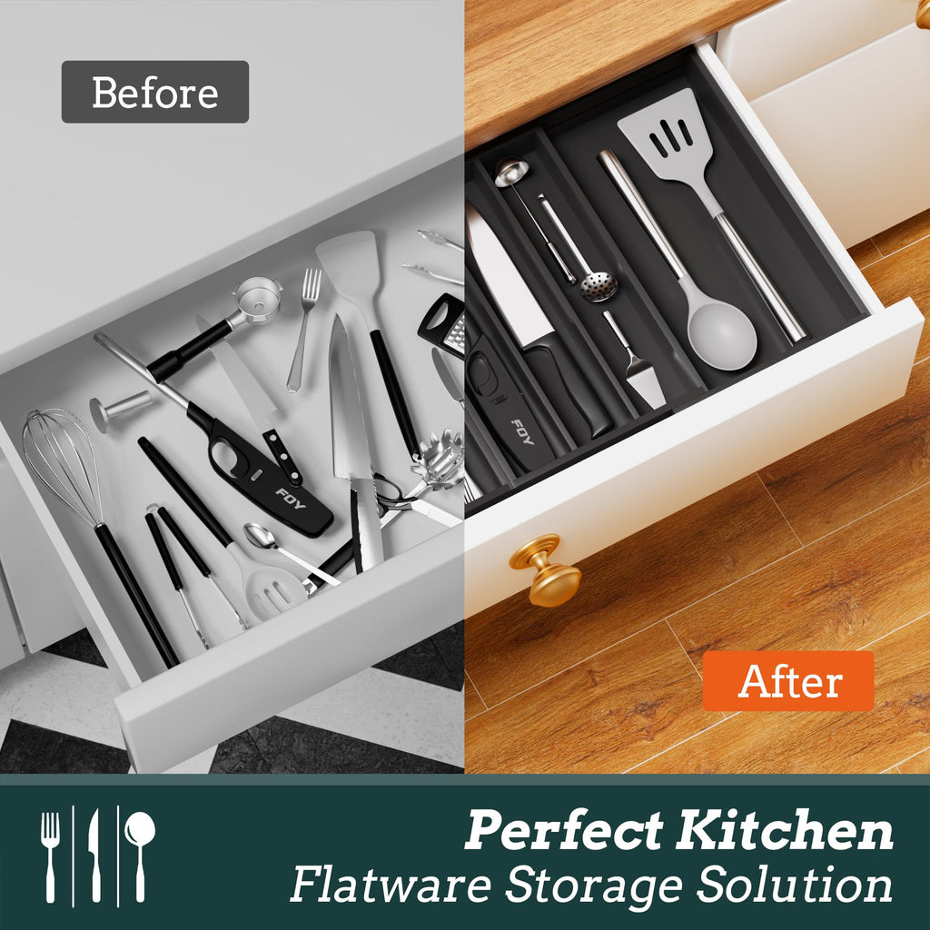 Silverware Organizer Large, Expandable 7 Slots Silverware Drawer Organizer Adjustable Flatware and Cutlery Holder, Bamboo Utensil Tray for Kitchen