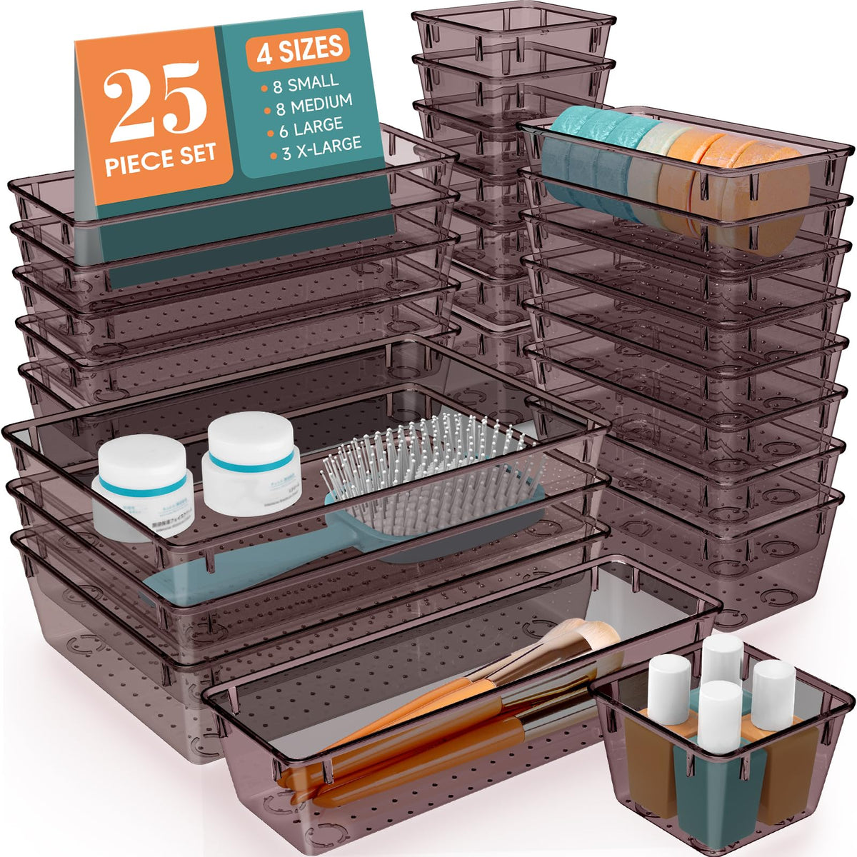 25-Piece Clear Plastic Drawer Organizer Tray Set