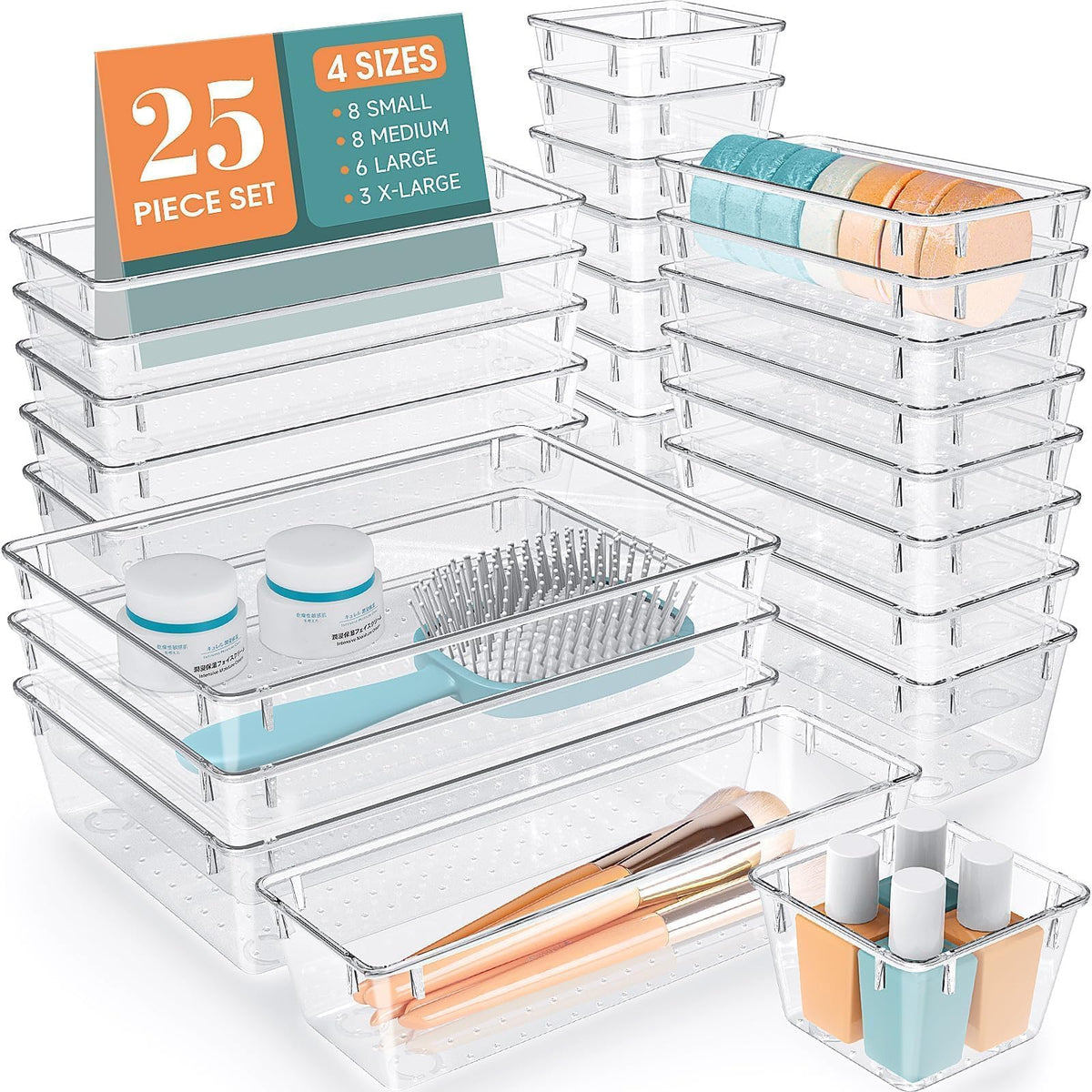 25-Piece Clear Plastic Drawer Organizer Tray Set