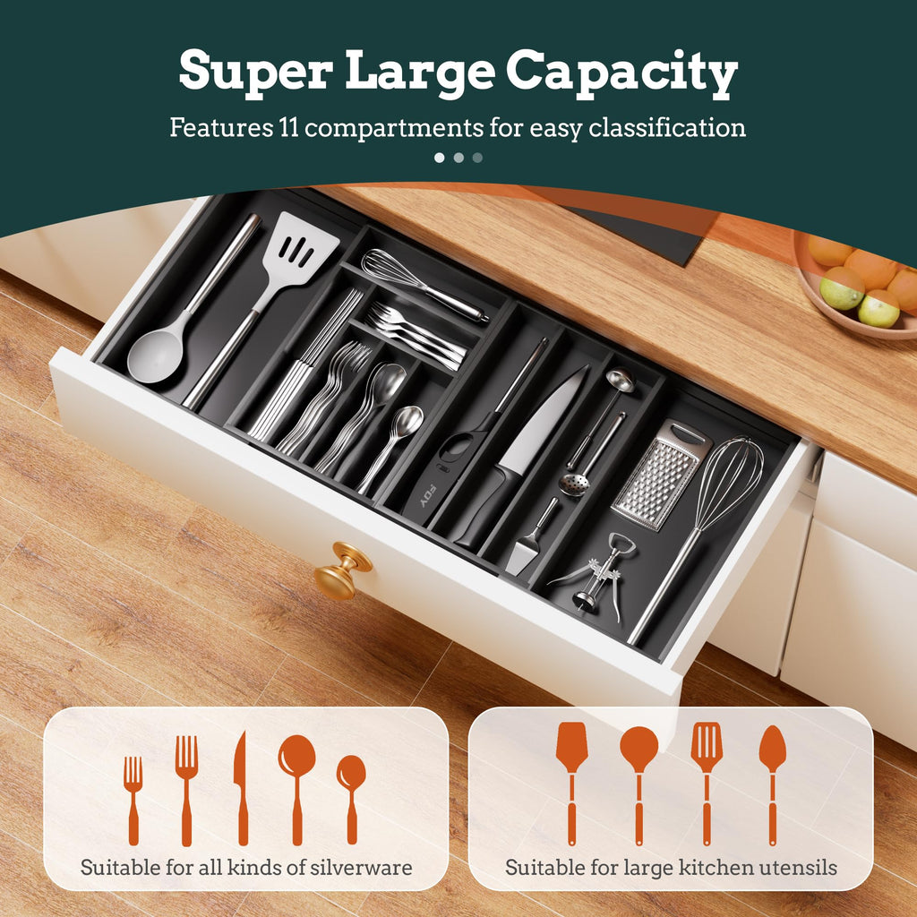 Silverware Organizer Large, Expandable 7 Slots Silverware Drawer Organizer Adjustable Flatware and Cutlery Holder, Bamboo Utensil Tray for Kitchen