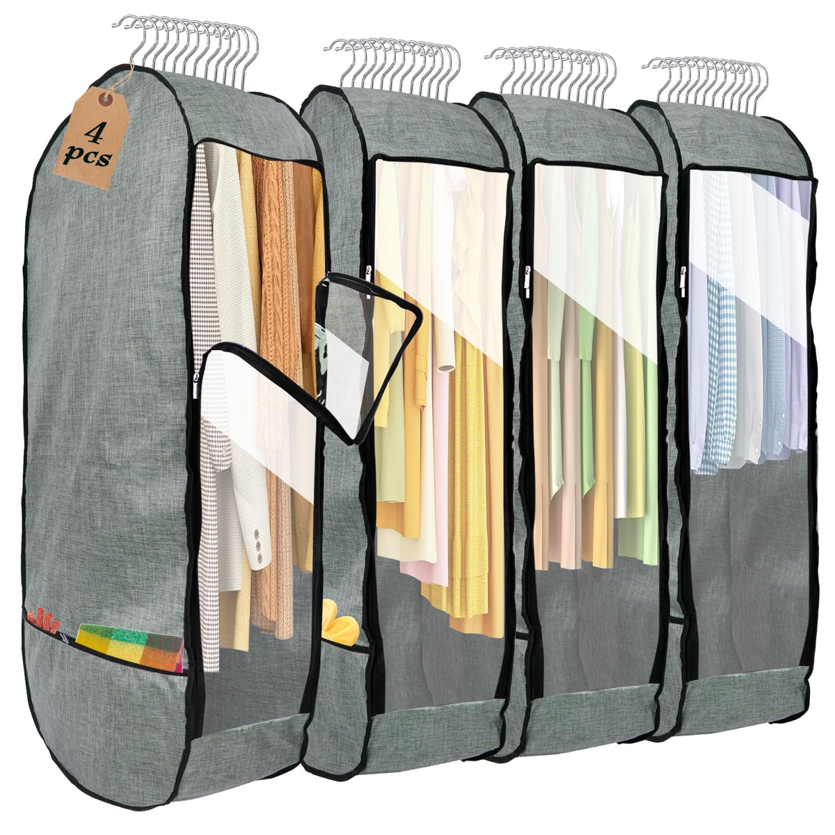 Garment Bags for Hanging Clothes,Chakera Large Breathable Garment Bag for Closet Storage with 10”Gusseted,Clear Clothing Storage Garment Cover for Dress Sweater with Double Zipper,Grey