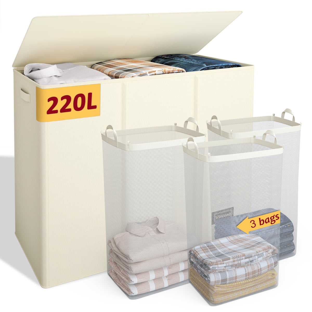 195L Large Laundry Hamper with Lid for Clothes Storage