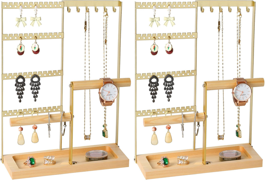 4-Tier Jewelry Organizer Stand with Hooks & Wood Box