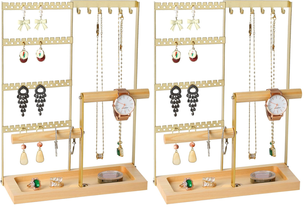 Jewelry Organizer Stand, Jewelry Holder, Lengnoy 4 Tier Earring Holder with 48 Holes and 6 Hooks Necklace Organizer Wood Box for Necklace Bracelet Earring Ring, White