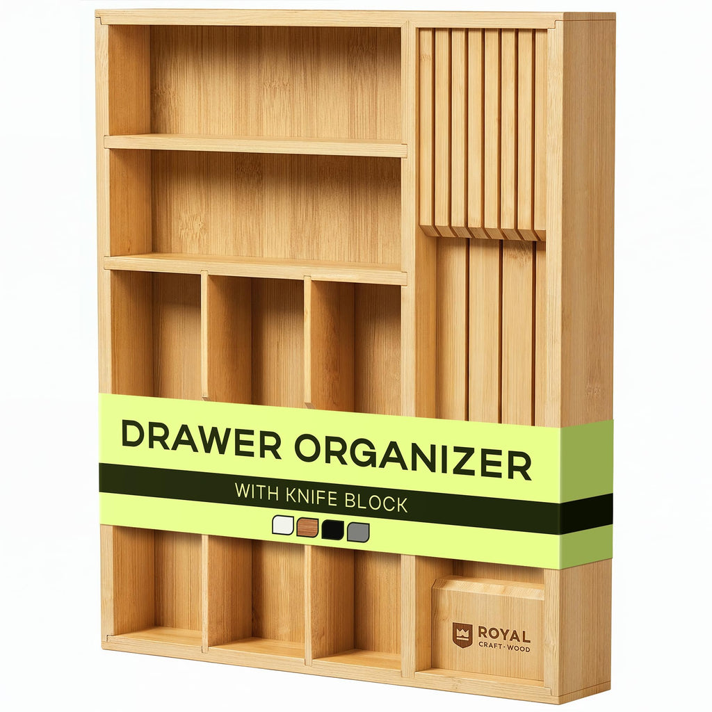 ROYAL CRAFT WOOD Luxury Bamboo Kitchen Drawer Organizer - Silverware Organizer - Utensil Holder and Cutlery Tray with Grooved Drawer Dividers for Flatware and Kitchen Utensils