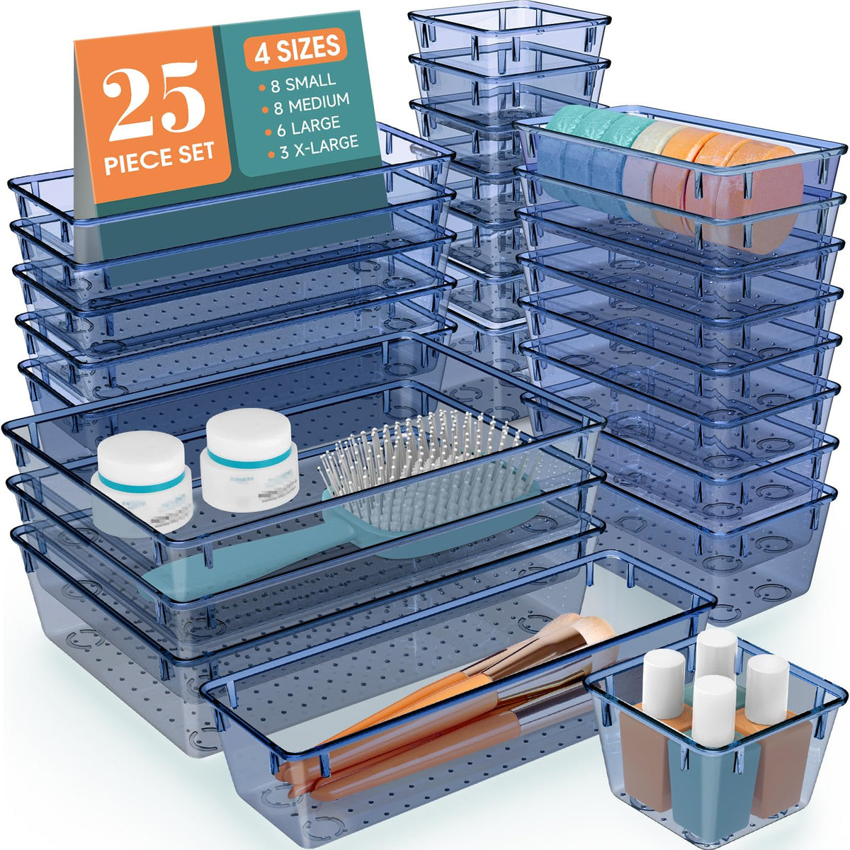 25-Piece Clear Plastic Drawer Organizer Tray Set