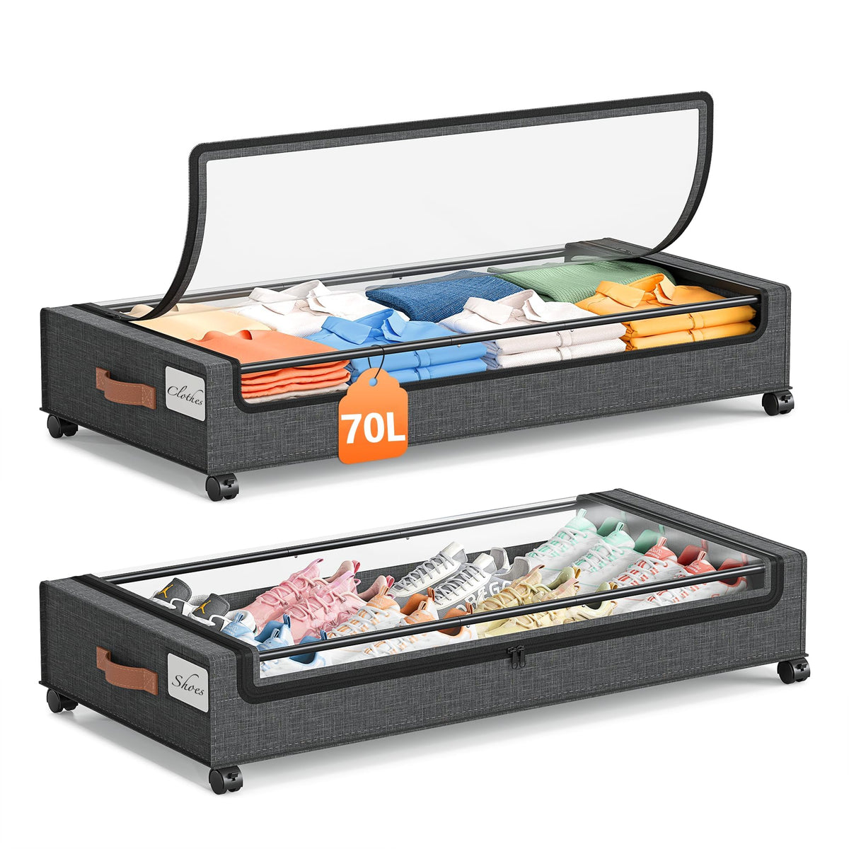 Yecaye Under Bed Storage with Wheels, Large Capacity Under Bed Storage Containers with Metal Frame & Clear Lid, Rolling Underbed Organizer Bins Drawers for Clothes, Shoes, Blankets