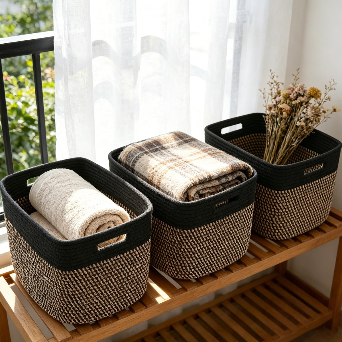 Woven Cotton Rope Storage Baskets with Handles for Shelves