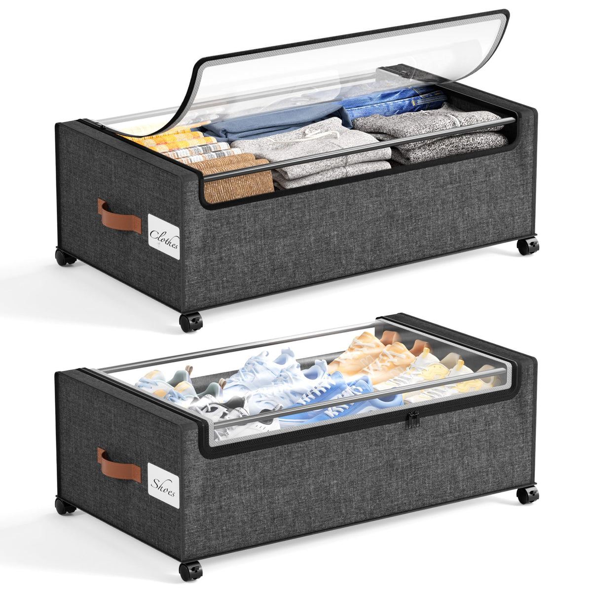 Yecaye Under Bed Storage with Wheels, Large Capacity Under Bed Storage Containers with Metal Frame & Clear Lid, Rolling Underbed Organizer Bins Drawers for Clothes, Shoes, Blankets