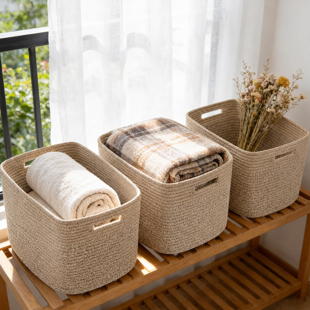 Woven Cotton Rope Storage Baskets with Handles for Shelves