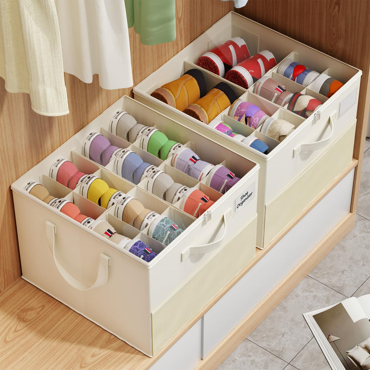 2-Pack Foldable Shoe Storage Organizer Boxes for Closet