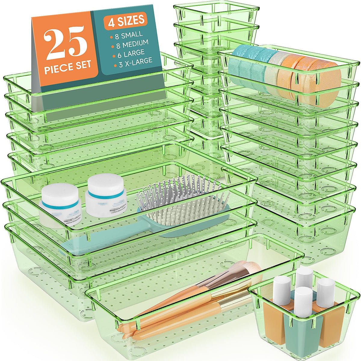 25-Piece Clear Plastic Drawer Organizer Tray Set