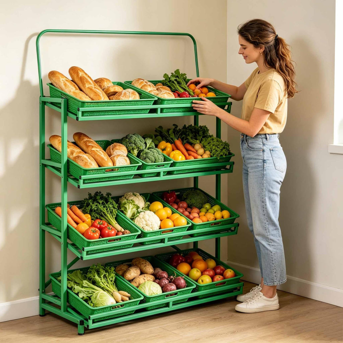 Dalumian Fruits & Vegetables Shelf, 4 Tier Metal Pantry Storage Organizer, Pantry Storage Organizer with 10 Removable Baskets for Snacks/Fruits/Tools (47.24 * 23.62 * 66.93in)