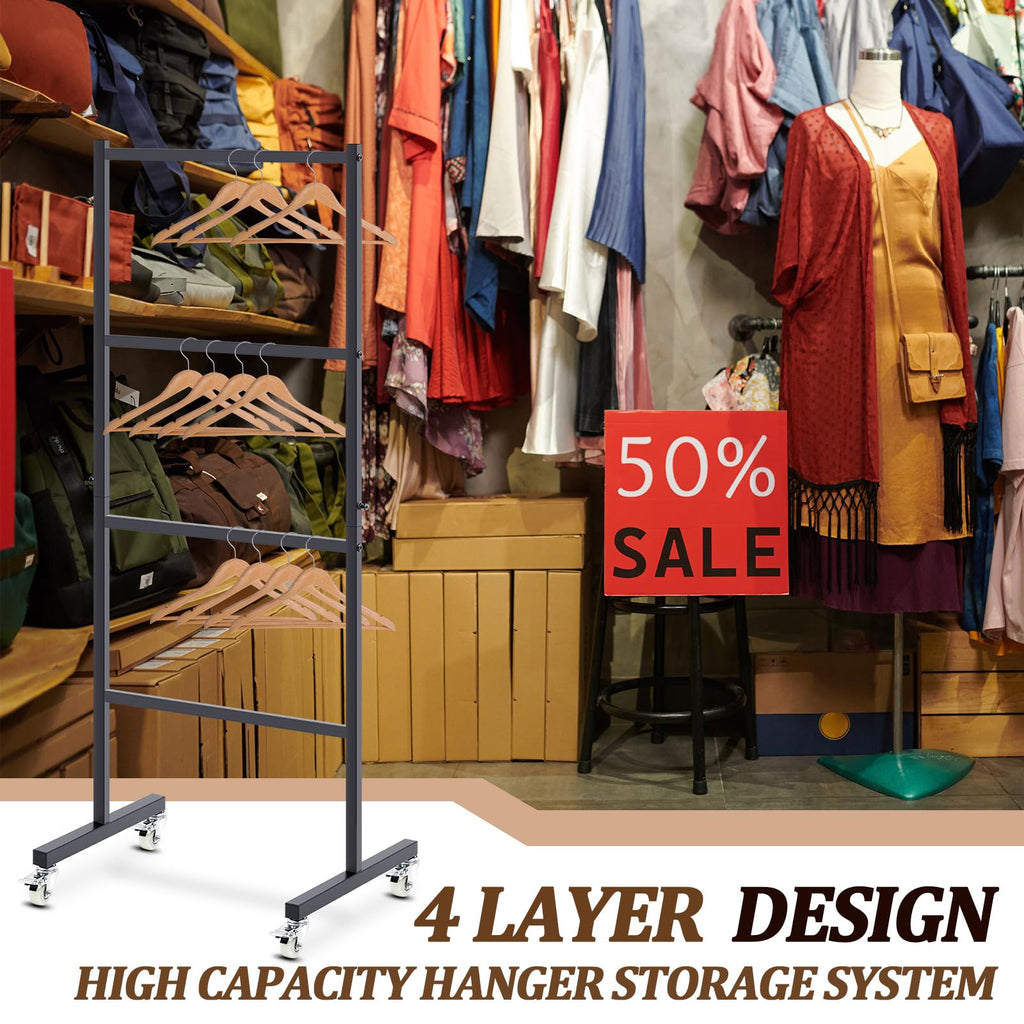 4-Tier Carbon Steel Clothing Rack with Rolling Casters