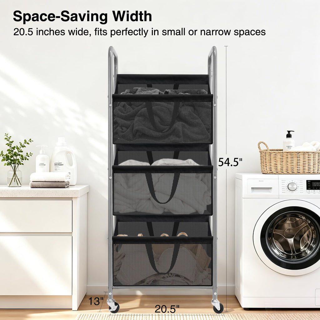 3-Tier Vertical Rolling Laundry Hamper with Storage Bins