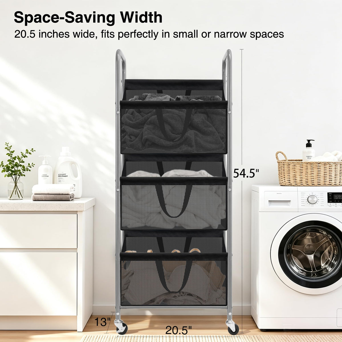 3-Tier Vertical Rolling Laundry Hamper with Storage Bins