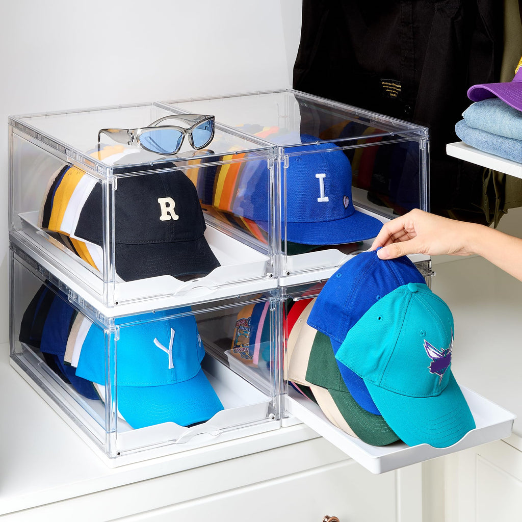 Stackable Clear Hat Organizer Box with Sliding Drawer