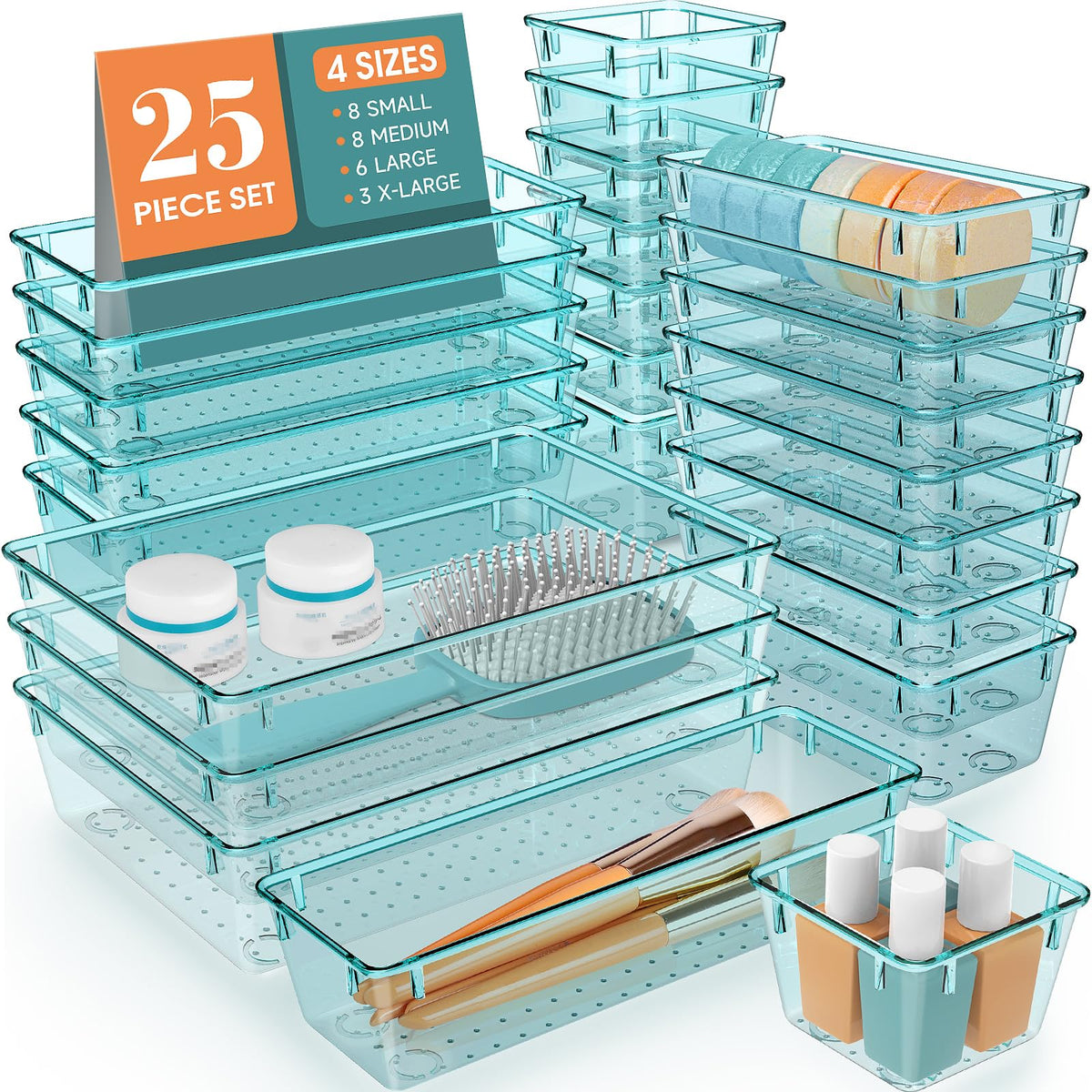 25-Piece Clear Plastic Drawer Organizer Tray Set