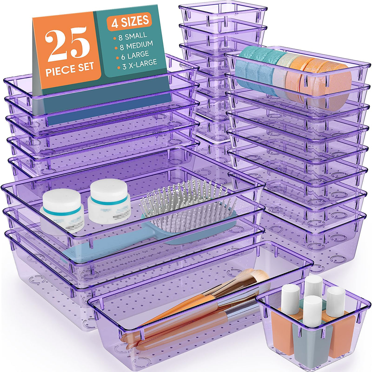 25-Piece Clear Plastic Drawer Organizer Tray Set