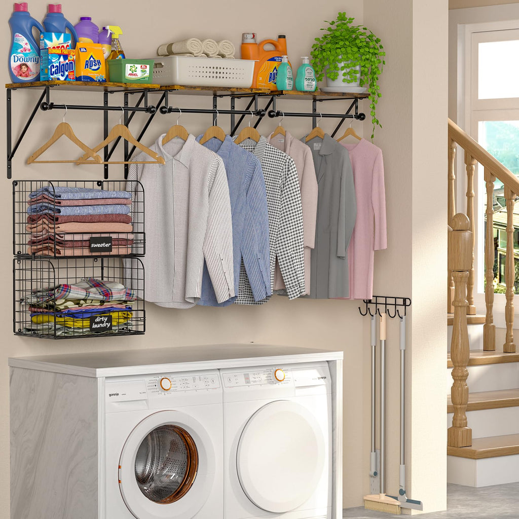 Wall-Mounted Laundry Shelves with Baskets & Drying Rack