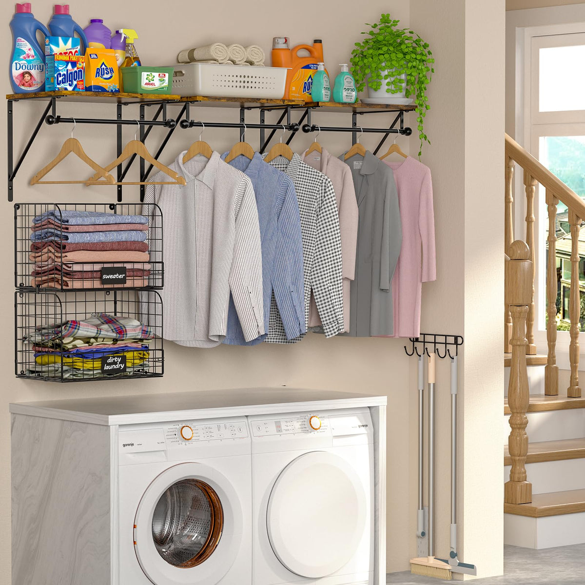 Wall-Mounted Laundry Shelves with Baskets & Drying Rack