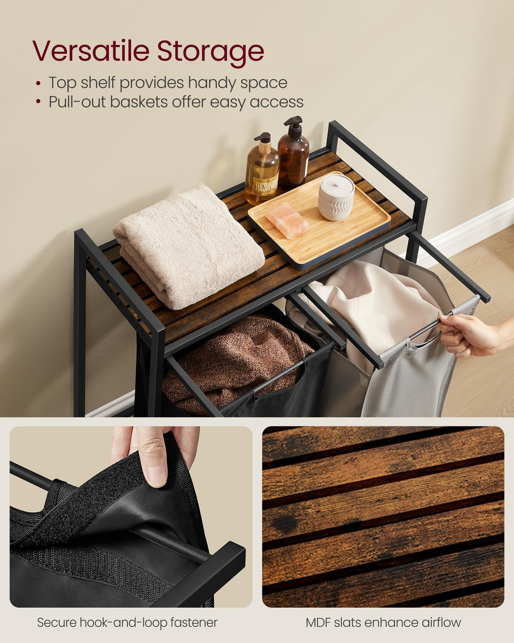 Laundry Basket with Removable Bag, Shelf & Metal Frame