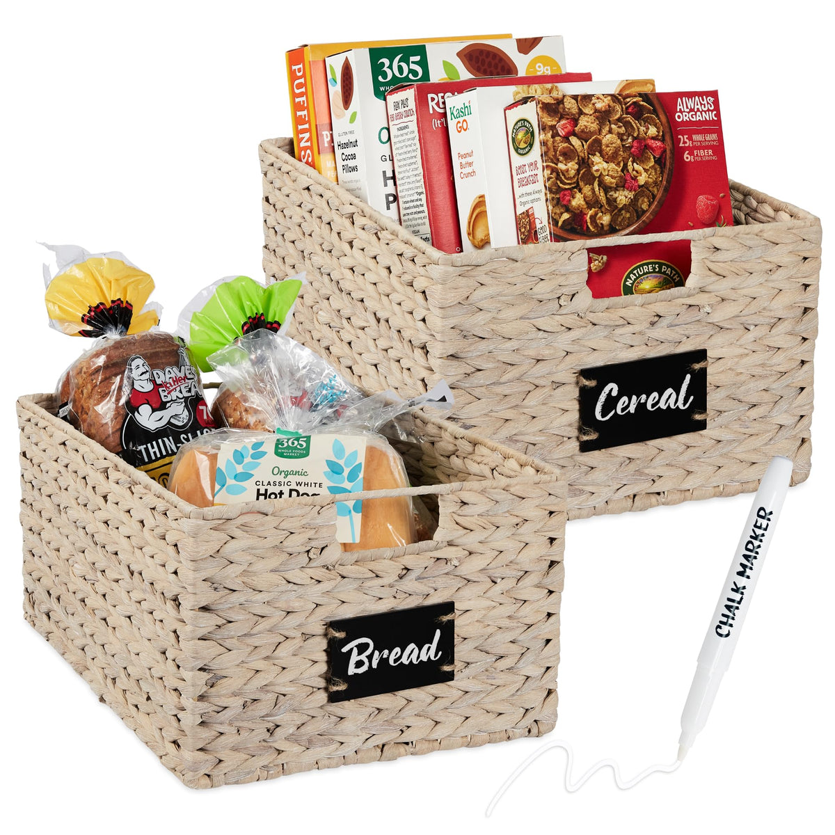 Best Choice Products Set of Woven Water Hyacinth Pantry Baskets w/Chalkboard Label, Chalk Marker