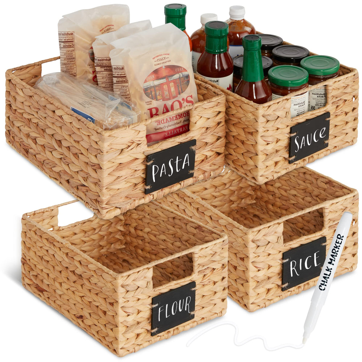 Best Choice Products Set of Woven Water Hyacinth Pantry Baskets w/Chalkboard Label, Chalk Marker