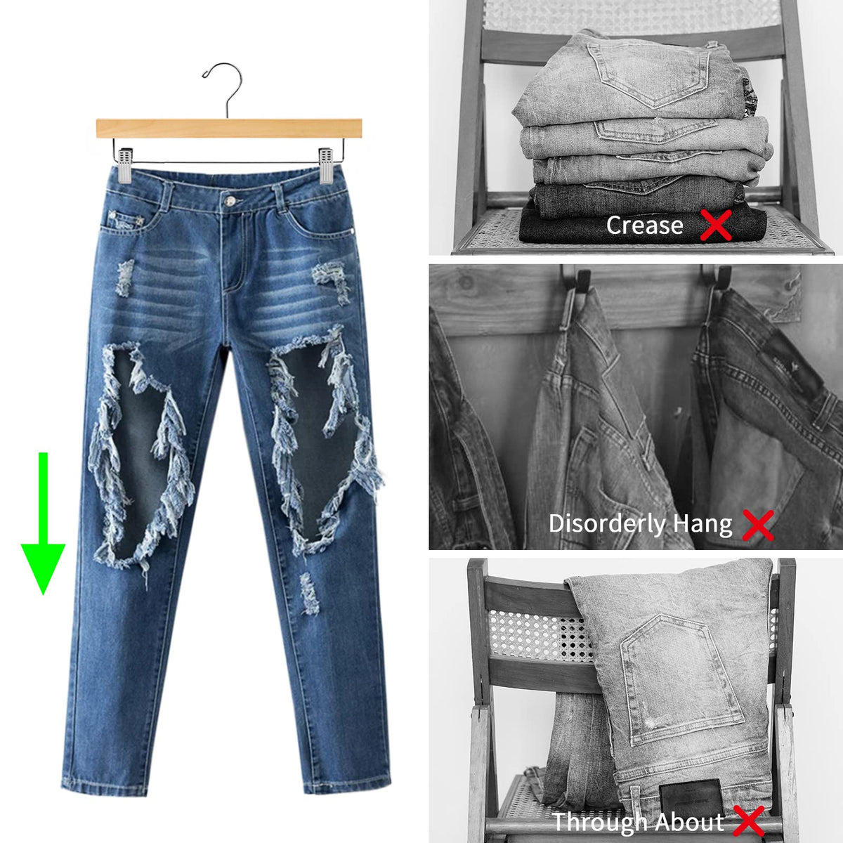 10-Pack Solid Wood Pants & Skirt Hangers with Clips