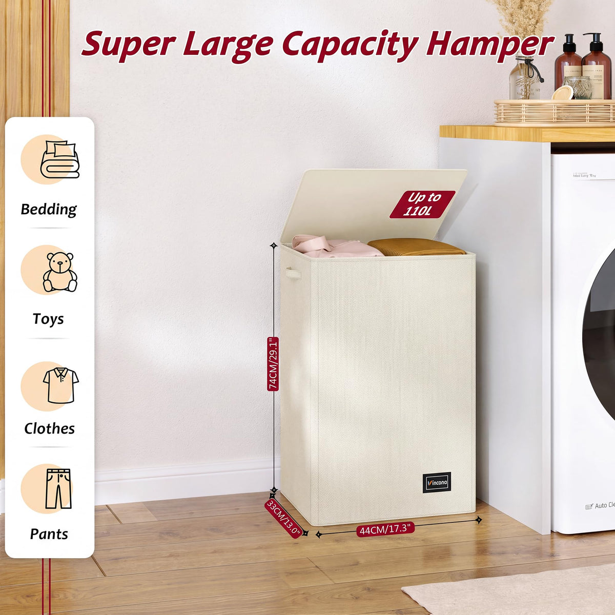 195L Large Laundry Hamper with Lid for Clothes Storage