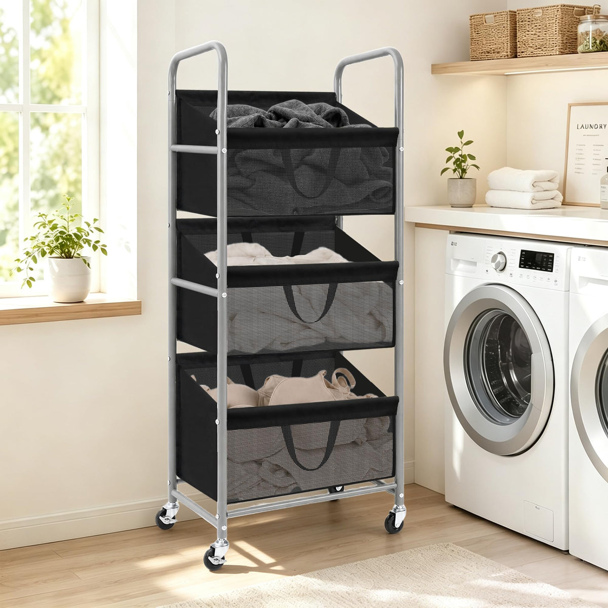 3-Tier Vertical Rolling Laundry Hamper with Storage Bins