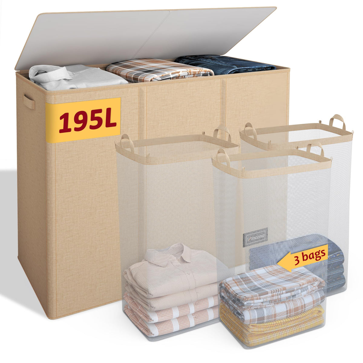 195L Large Laundry Hamper with Lid for Clothes Storage