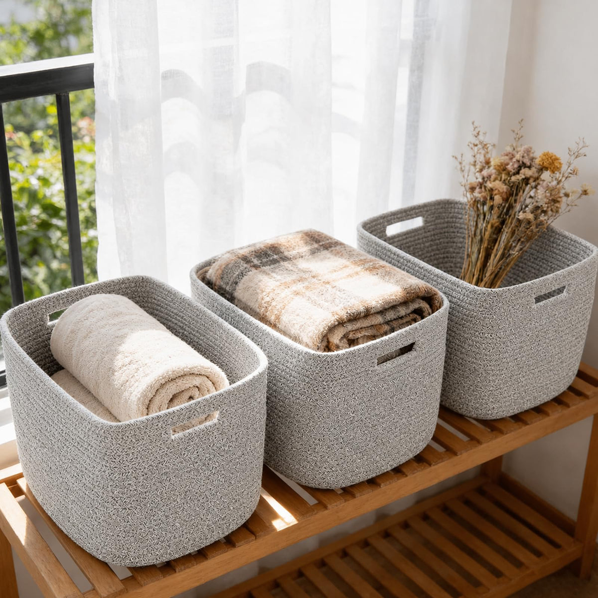 Woven Cotton Rope Storage Baskets with Handles for Shelves