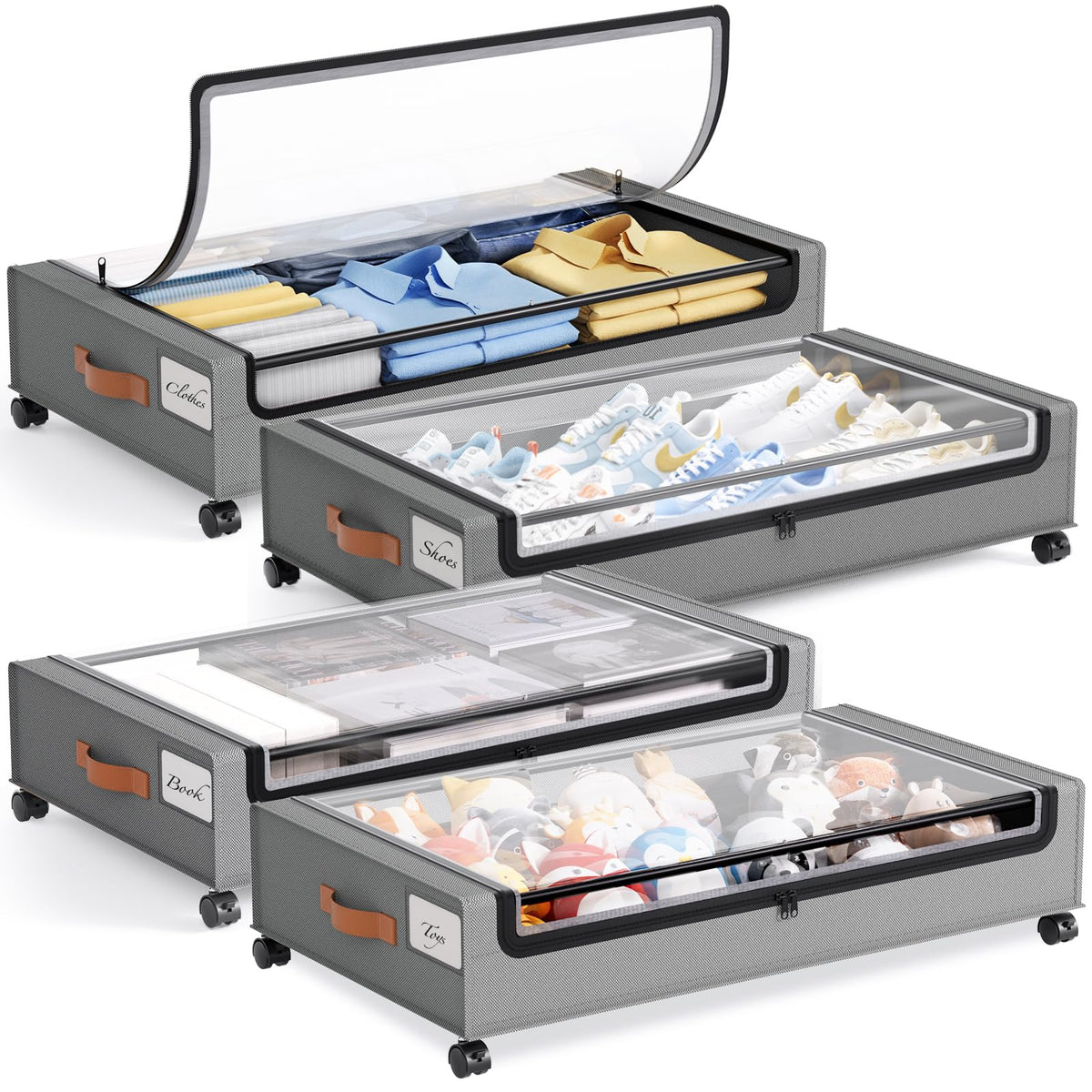 Yecaye Under Bed Storage with Wheels, Large Capacity Under Bed Storage Containers with Metal Frame & Clear Lid, Rolling Underbed Organizer Bins Drawers for Clothes, Shoes, Blankets