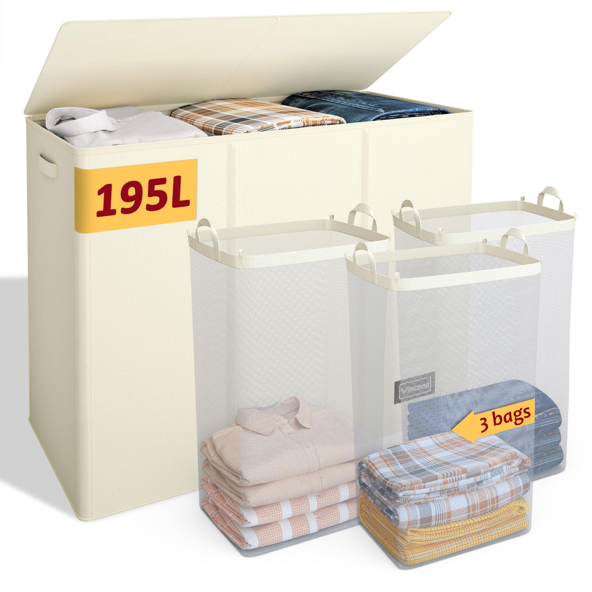 195L Large Laundry Hamper with Lid for Clothes Storage