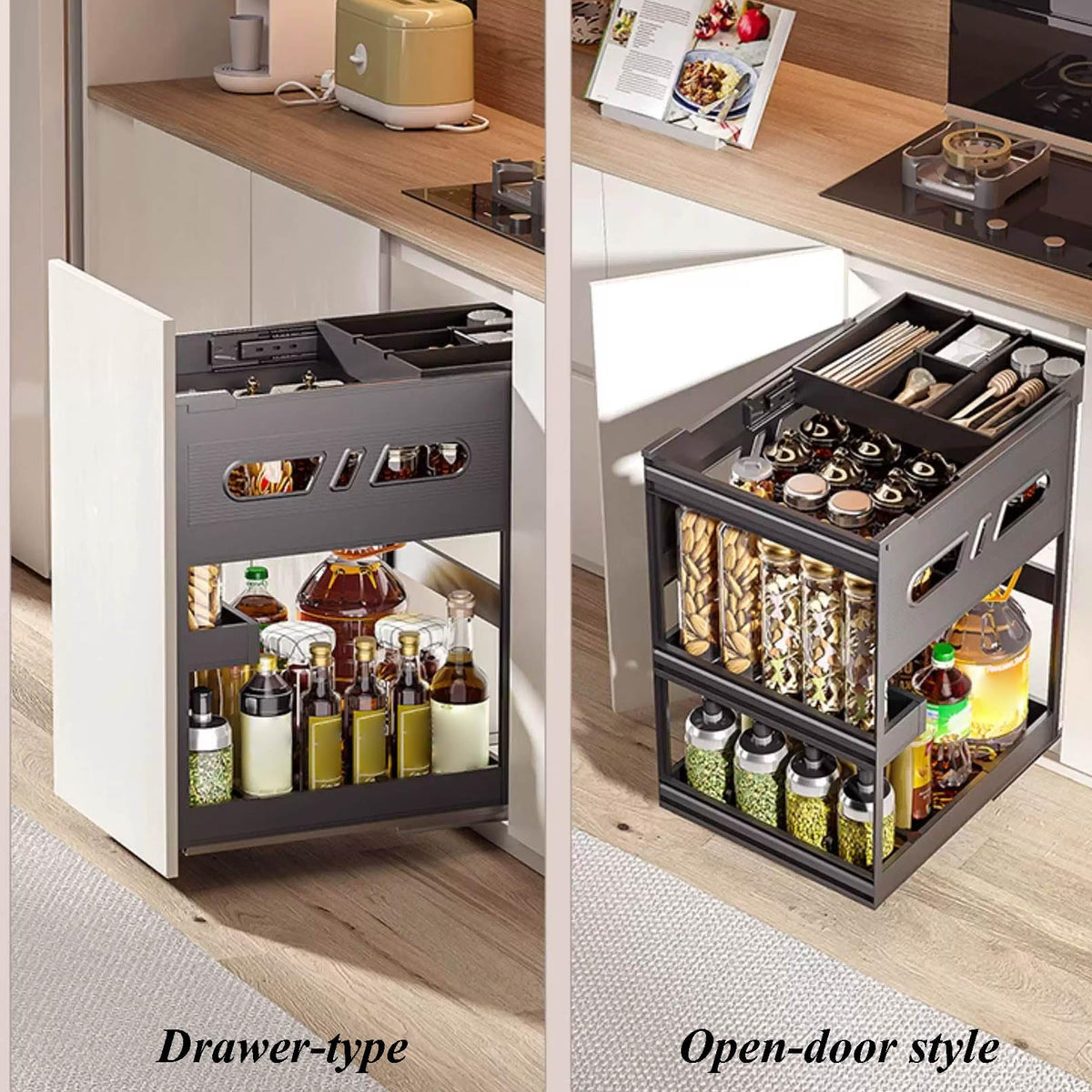 XBTGS 3 Tier Black Pull Out Cabinet Orga with Dividers - MultiUse Slide Out Storage Container for Kitchen, Pantry, Cupboard Bins, Ba，，