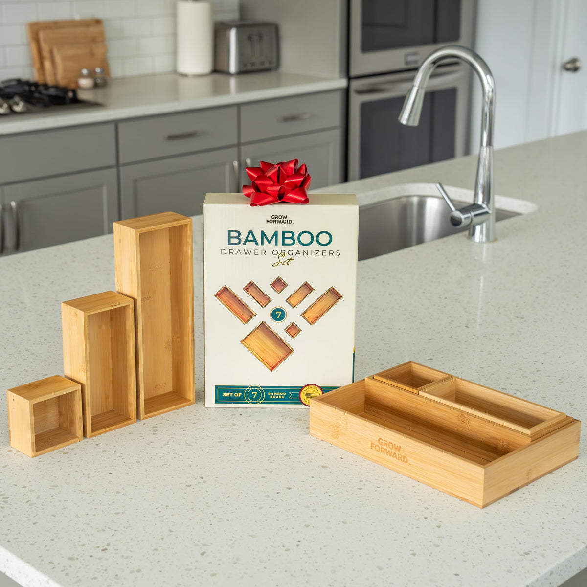 Grow Forward Bamboo Drawer Organizer Boxes - Wooden Drawer Organizers for Kitchen, Bathroom, Office, Desk, Vanity, Makeup - Non-Slip Junk Drawer Organizer Trays for Storage and Organization